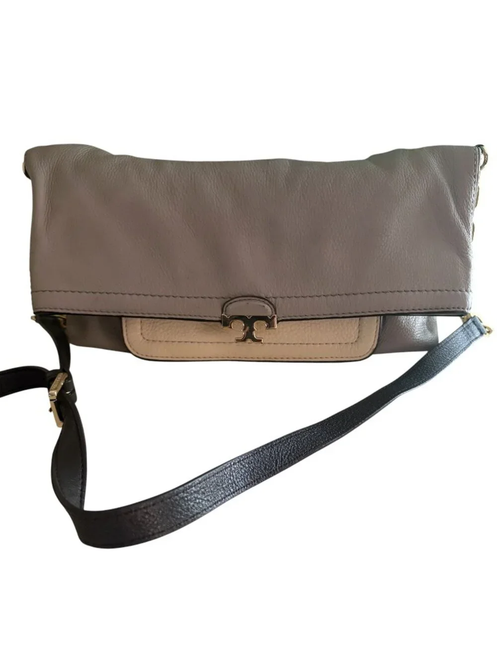 Tory Burch Fold-Over Sammy Multi-Colored Leather Crossbody Bag Gray Cream